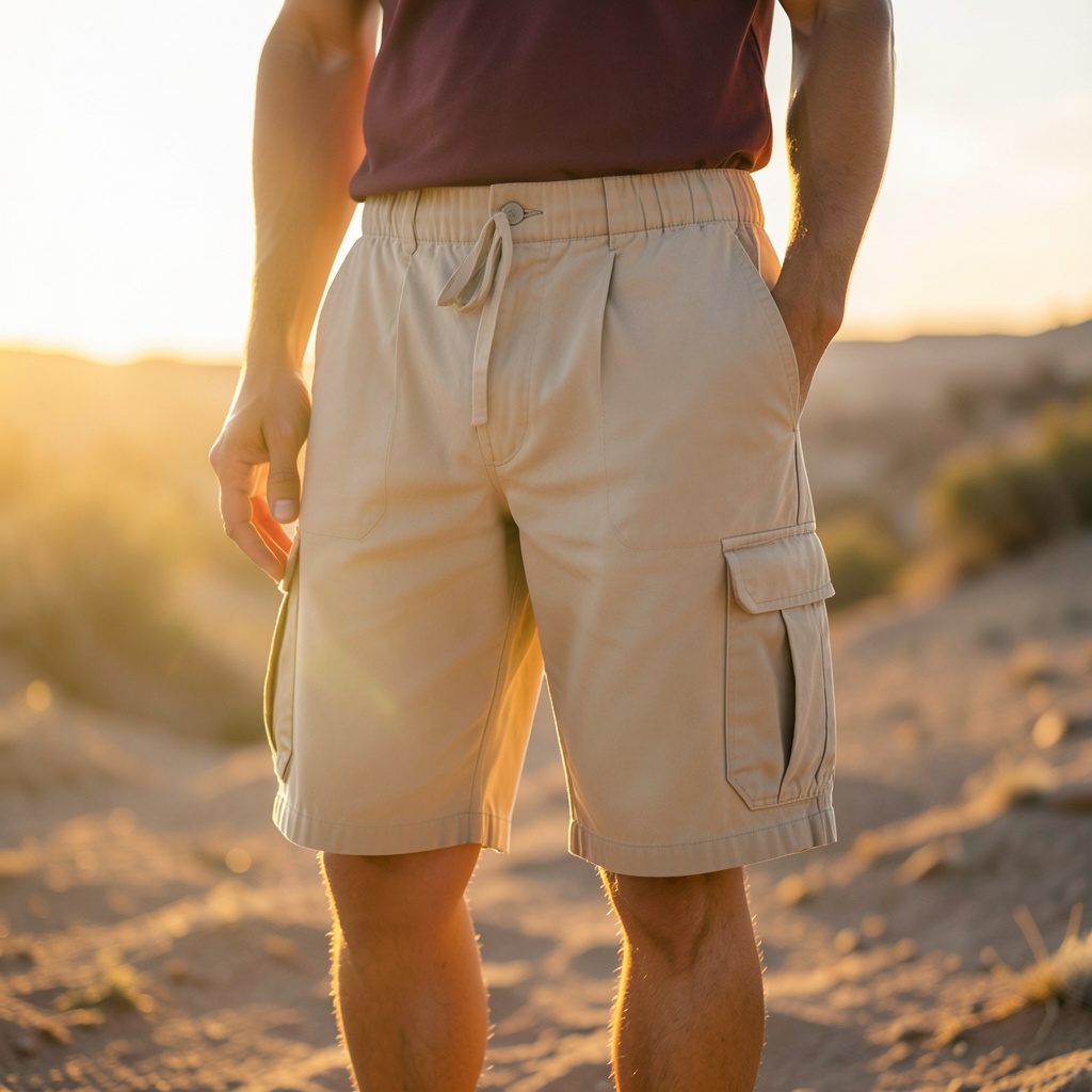 Flat lay of beige Corteiz cargo shorts on a soft neutral surface in warm afternoon light, with clean textile folds and earthy tones.