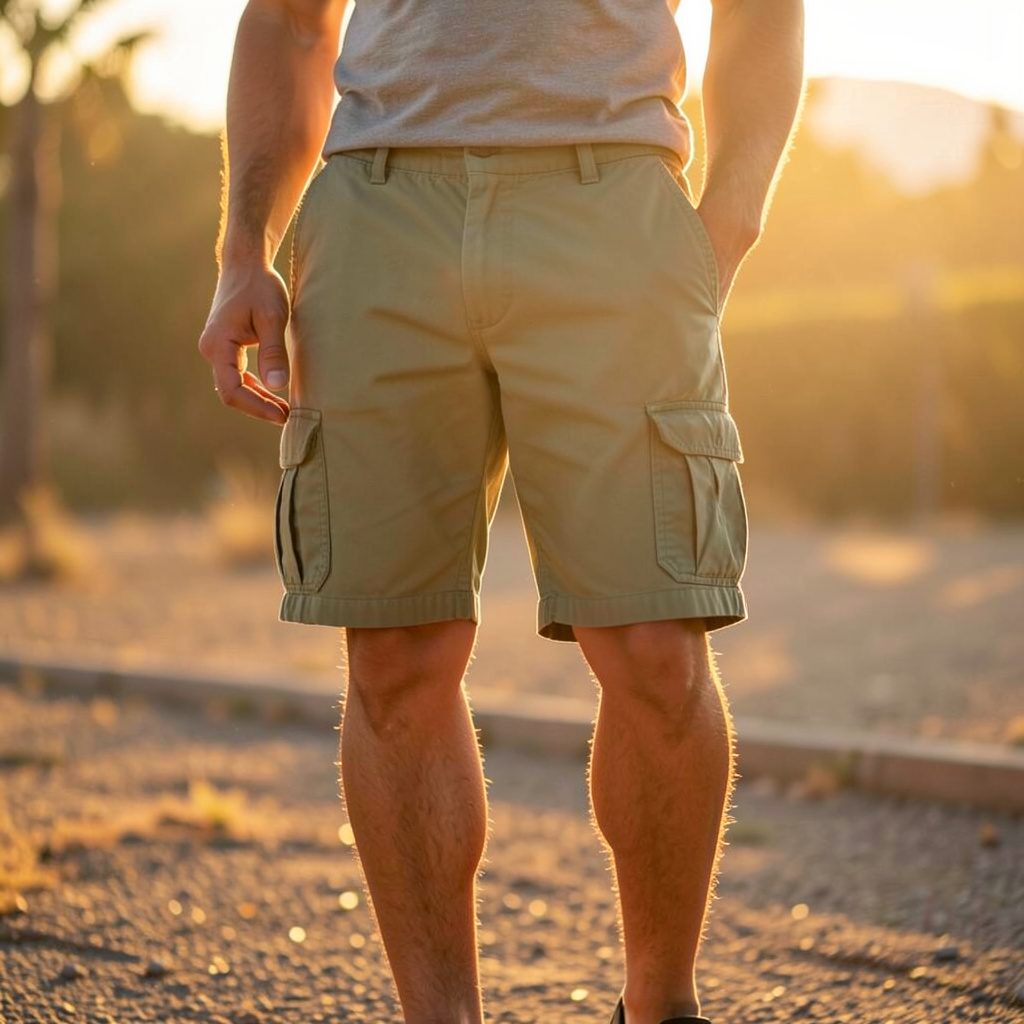 A studio photograph of khaki-green Corteiz Alcatraz cargo shorts laid flat on a neutral surface, photographed in warm golden-hour light with soft natural shadows.