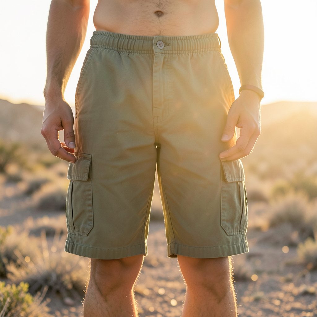 Khaki green Corteiz cargo shorts laid flat in warm natural light, with visible stitching and a calm earth tone finish.