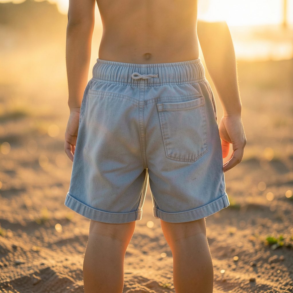 Studio photograph of Corteiz Alcatraz shorts in pale baby blue, captured in warm golden-hour light with soft shadows and a clean white backdrop.