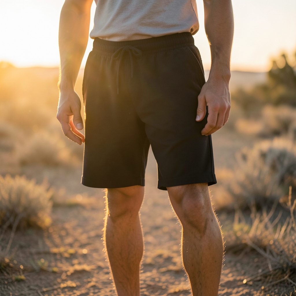 A moody product photograph of triple black Corteiz Alcatraz shorts laid flat against a dark backdrop in soft warm lighting, conveying an understated urban mood.