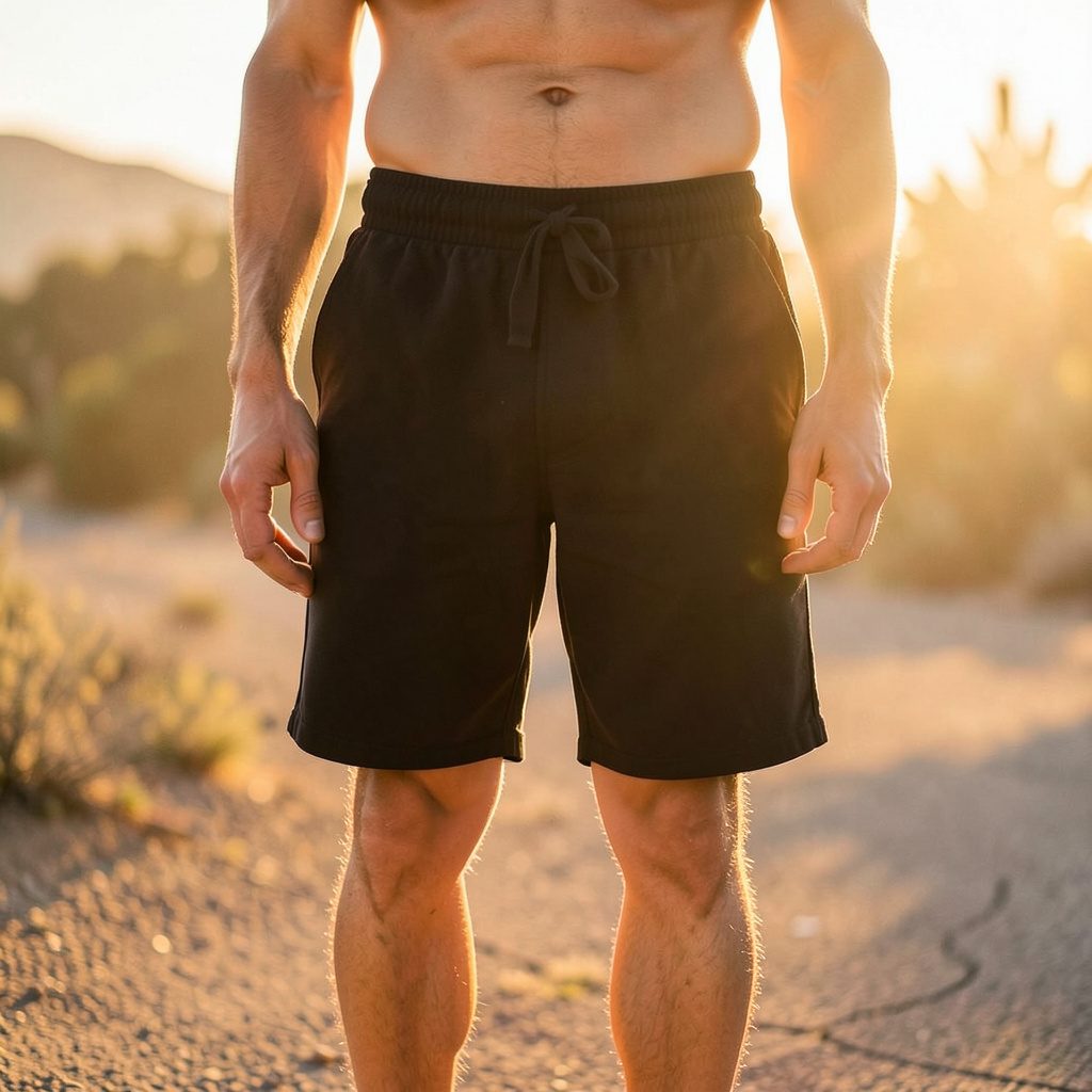 Studio photograph of Corteiz Alcatraz shorts in deep triple black, photographed in warm golden-hour light with a softly lit neutral background.
