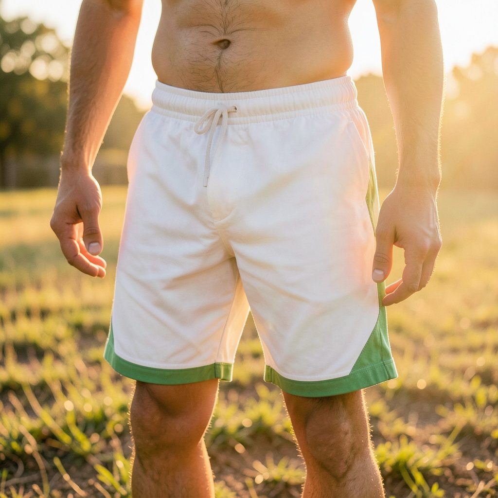 A flat-lay photograph of white and green Corteiz Allstarz shorts on a soft fabric surface, photographed in warm golden-hour light with gentle natural shadows.