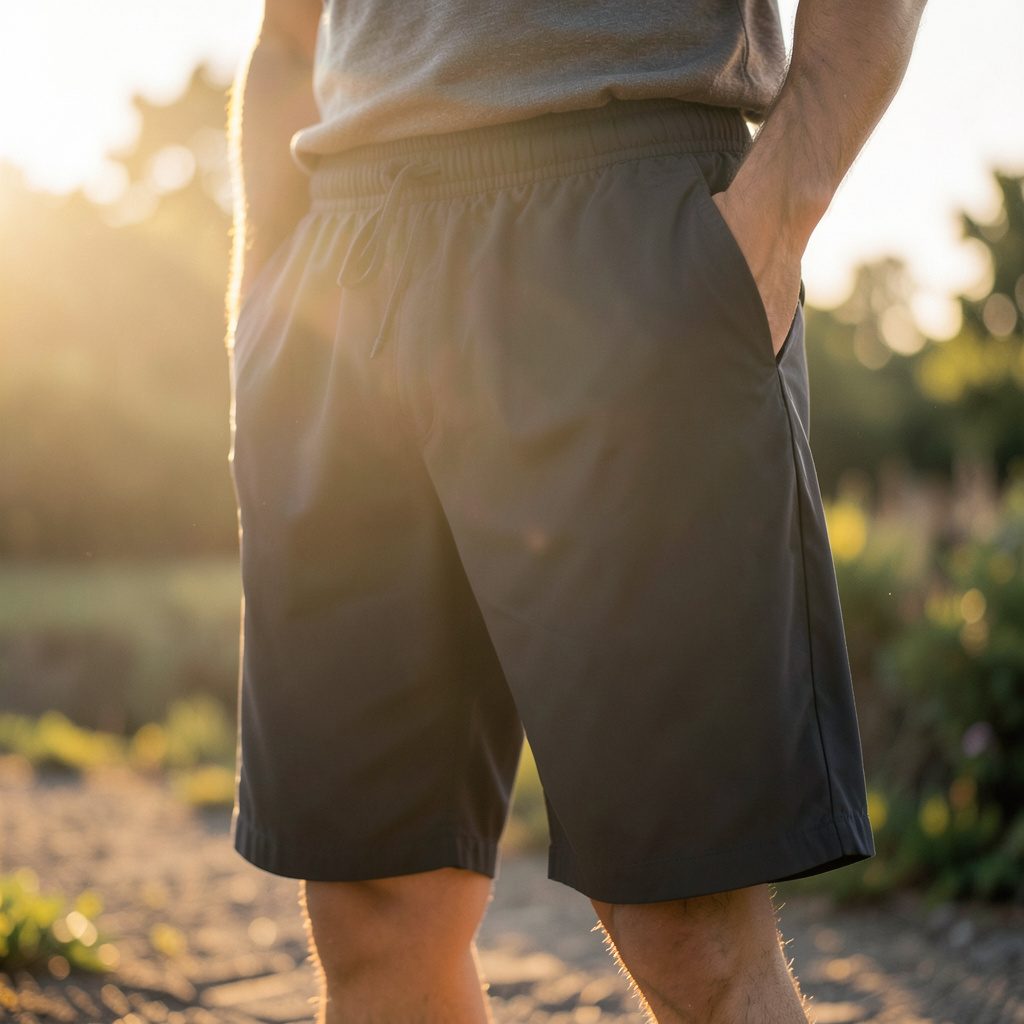 Corteiz nylon shorts photographed from above in muted daylight, showing soft fabric texture and neutral palette.