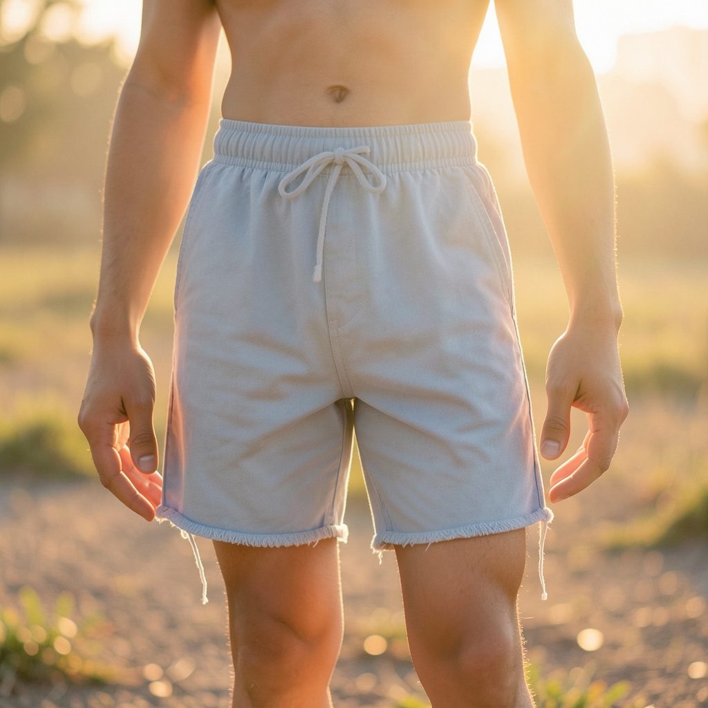 A flat-lay photograph of pale baby-blue Corteiz Dropout shorts on a plain surface, lit by warm golden-hour light and soft natural shadows.