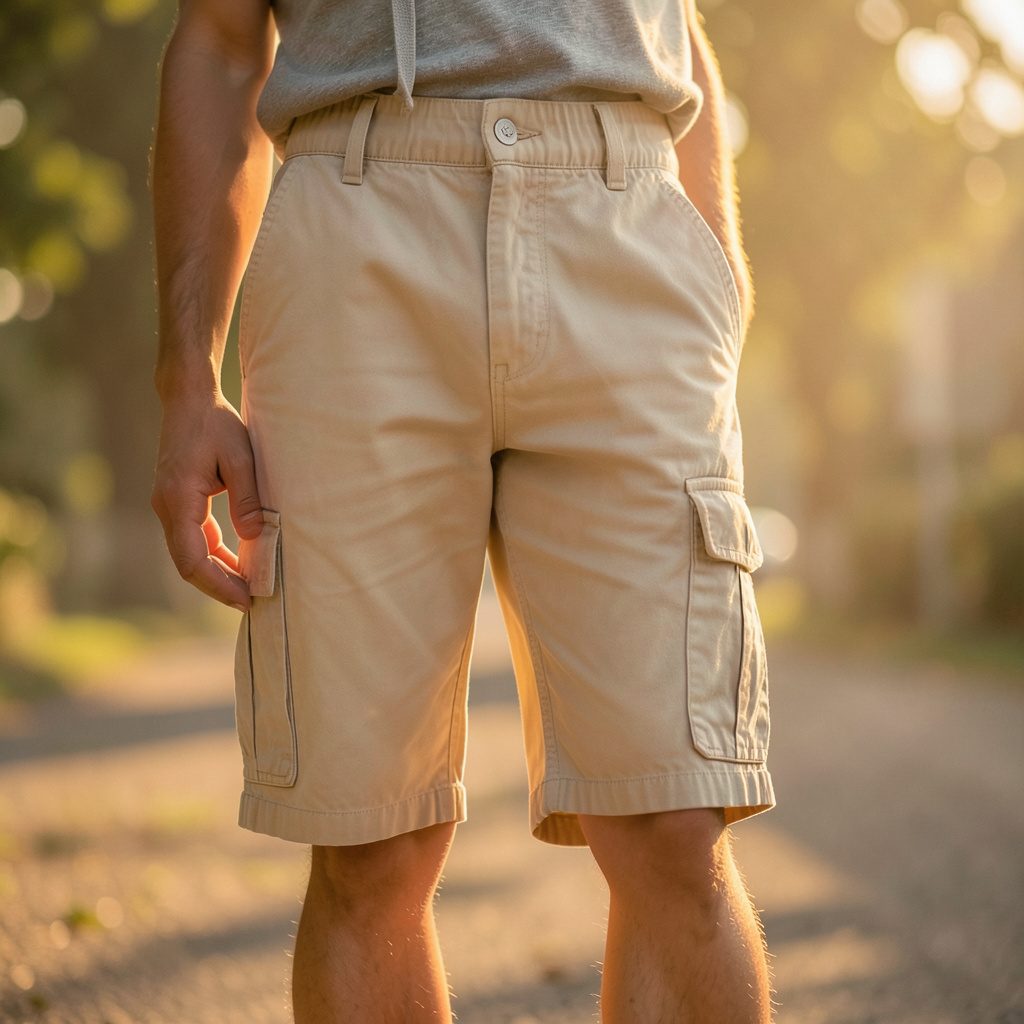 A flat-lay photograph of beige Corteiz Guerillaz cargo shorts on a pale fabric surface, lit by warm golden-hour light with soft natural shadows.